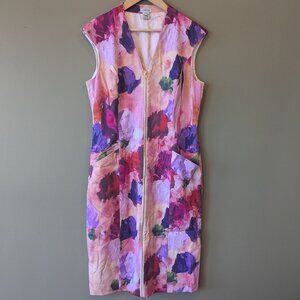 J Peterman Sheath Midi Dress Watercolor Floral Front Zip Sleeveless Womens Sz 12
